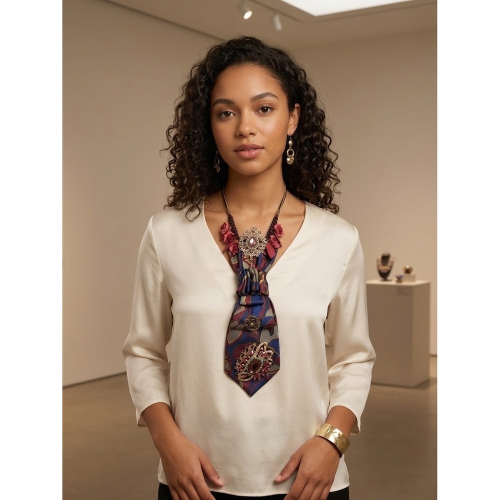 G. Rimoldi Repurposed Tie Necklace Set with Crystal Brooches Cuff and Earrings